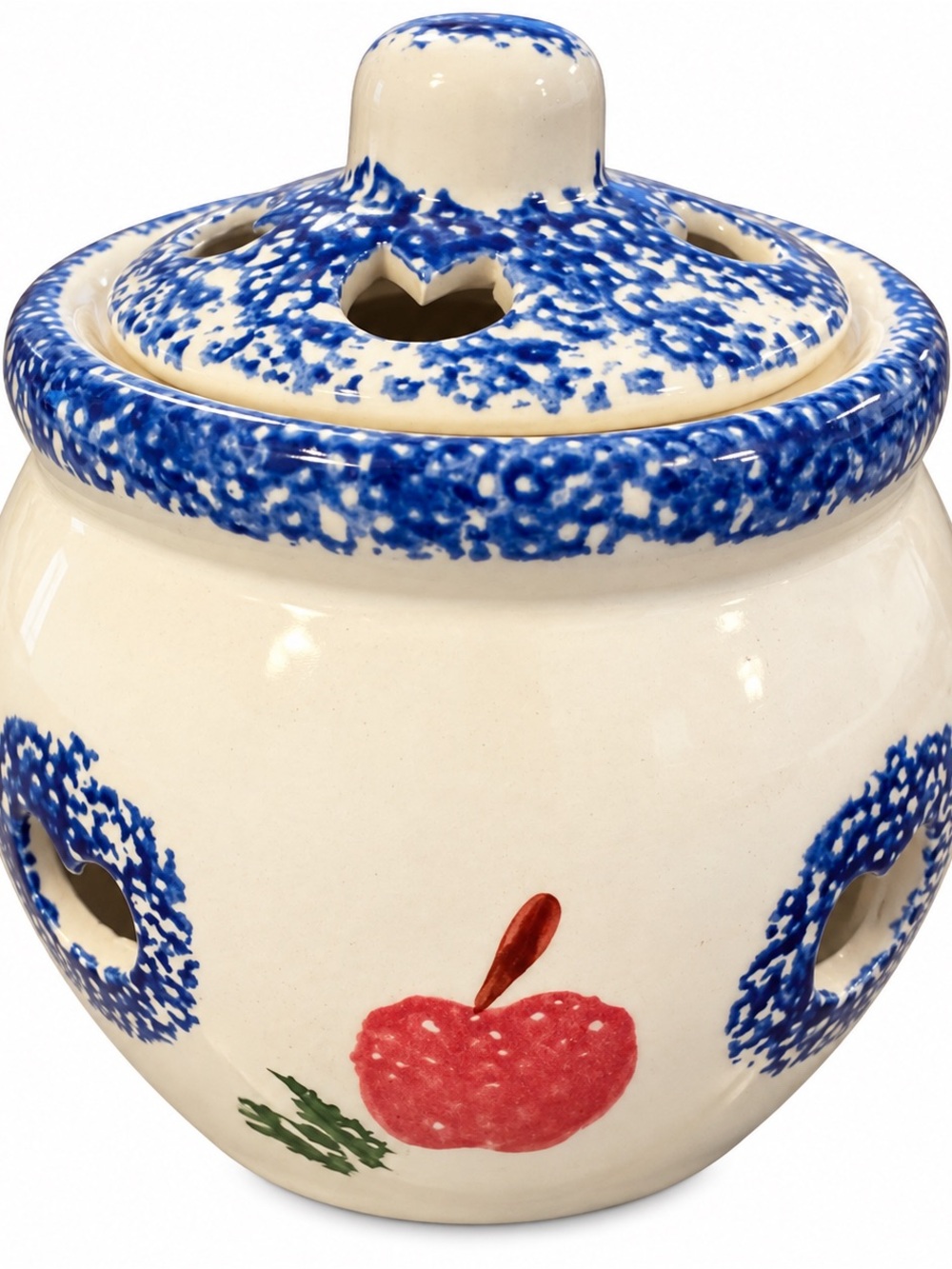 Vintage 1990s Loomco Potpourri Jar Blue Spongeware Apple Design Ceramic Lidded